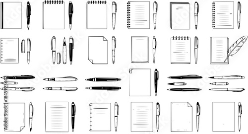 Black and White Line Art Icons of Stationery: Notebooks, Pens, and Paper for Office and Education