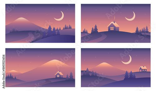 Minimalistic winter night landscape set. Vector gradient illustrations in purple colors in Nordic style