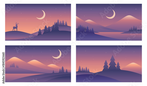 Minimalistic winter night landscape set. Vector gradient illustrations in purple colors