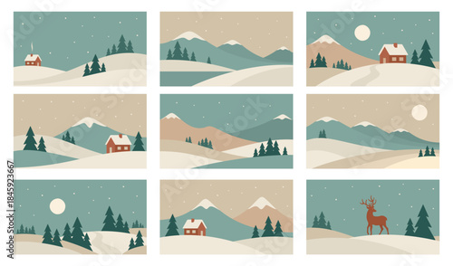 Minimalistic winter landscape set. Vector illustrations in Scandinavian style.