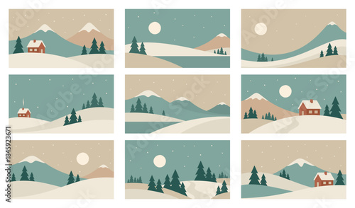 Set of minimalistic winter mountains landscape. Vector illustrations in Scandinavian style.