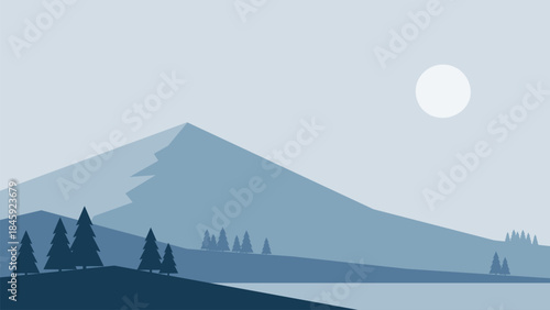 Minimalistic winter landscape with mountain in Scandinavian style. Vector illustration in blue colors