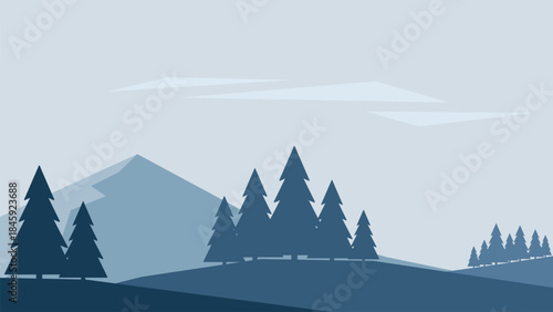 Minimalistic winter landscape with fir trees in Scandinavian style. Hand drawn vector illustration in blue colors