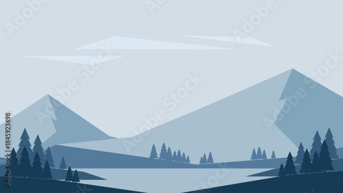 Minimalistic winter landscape with mountains and lake in Scandinavian style. Vector illustration in blue colors