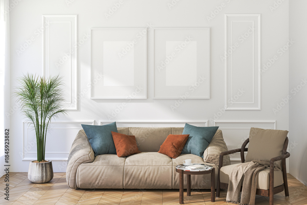 Fototapeta premium 3D Render of Two White Frames Above Sofa on Light Wall in Modern Interior