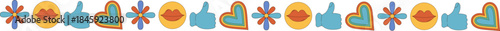 Groovy y2k border pattern with abstract flower and heart shape creates a colorful retro vibe. Vintage graphic elements form a playful, artistic pattern for creative backgrounds and decor.