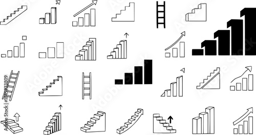 Black and White Line Art Bar Graphs and Stairs Icons Representing Growth and Progress