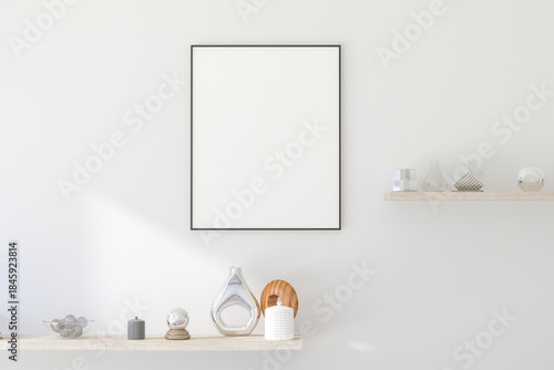 A Vertical Thin Black Frame on Light Wall in Modern Interior. 3D Render.