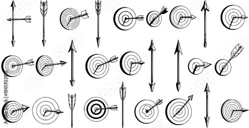 Black and White Line Art Arrows and Targets Icon Set, Business Success Concept