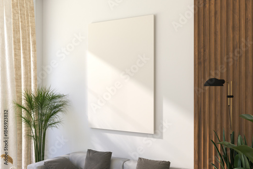 A Vertical Frameless Canvas on Light Wall in Modern Interior. 3D Render.
