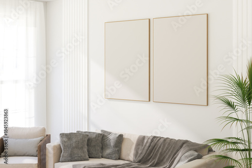 Double Thin Vertical Wooden Frame Mockup with Minimalist Design on Light Wall. 3D render.