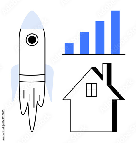 Business growth, real estate investment, success, innovation, stability, technology trends. Rocket, blue bar graph house with black outline. Business growth and real estate investment concept