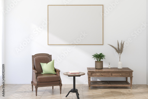 A Horizontal Thin Frame Mockup on Light Wall in Modern Interior. 3D Render.