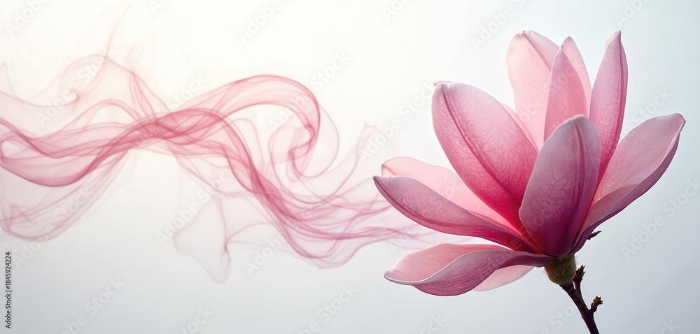 Obraz premium Close up pink magnolia flower with delicate translucent petals. Wispy red smoke swirls around bloom against white background. Nature botanical art.