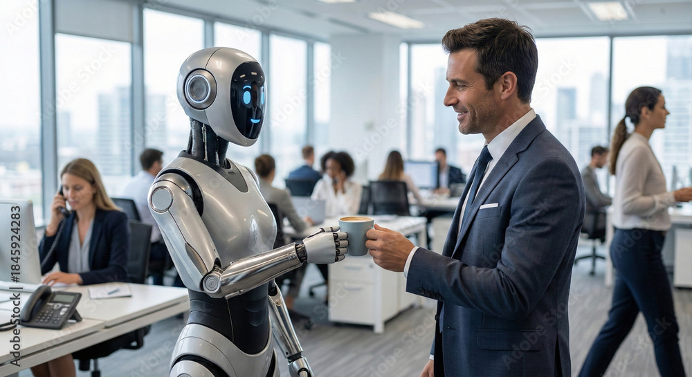 Fototapeta premium AI Office Assistant Robot Serving Coffee to Businessman in Corporate Environment, Smart Office Concept