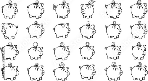 Black and White Line Art Piggy Bank Coin Collection Set, Financial Savings Concept