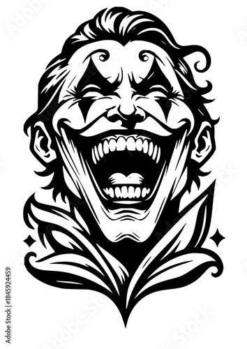 Black and white vector illustration of a laughing joker face with exaggerated features and a wide open mouth, in a comic book or tattoo art style.