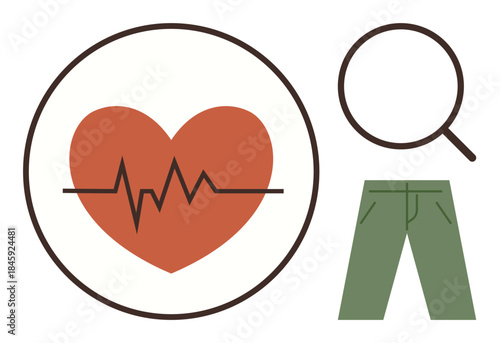 Heart with ECG line, magnifying glass, and green pants representing health, diagnostics, lifestyle, fitness, analysis, medical monitoring. Ideal for healthcare well-being education research
