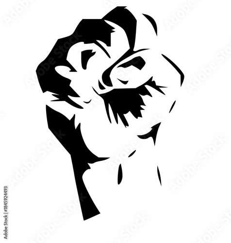 A powerful black and white stylized graphic of a clenched fist, symbolizing strength, unity, and resistance.