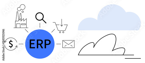 Business strategy, digital transformation, cloud computing, ERP systems, online shopping, financial management. ERP icon linked to various symbols and cloud. Business strategy and digital