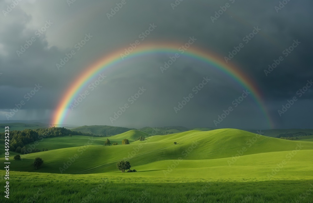 Obraz premium Vibrant rainbow arcs over rolling green hills under dramatic stormy sky. Fields with scattered trees stretch to horizon. Serene rural landscape offers sense of hope, natural beauty after rain.