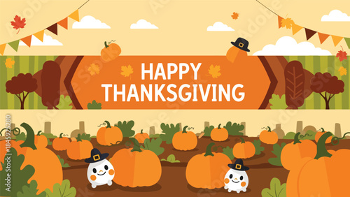 Bright Autumn Pumpkin Patch With Plump Round Pumpkins.