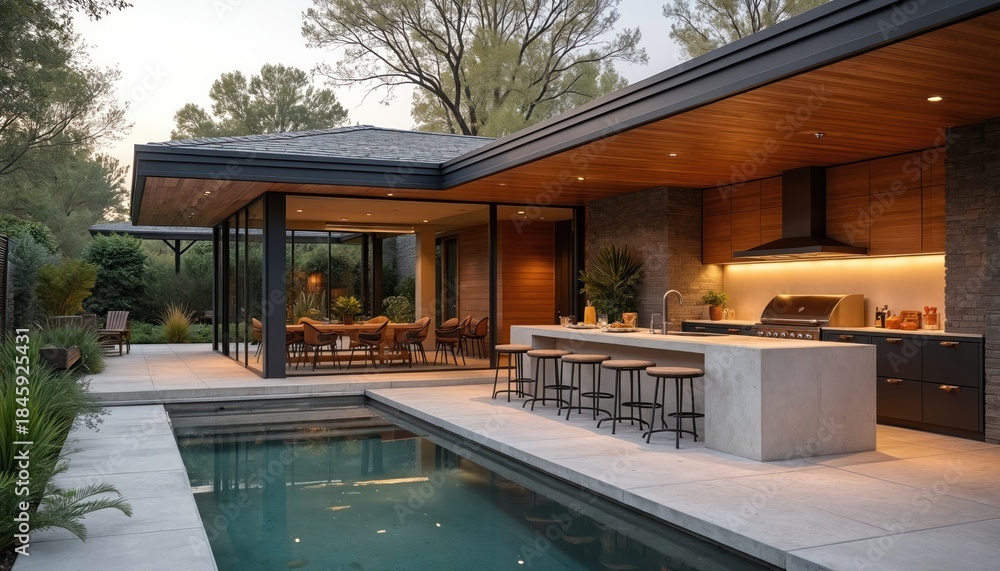 custom made wallpaper toronto digitalModern luxury home features open plan living with indoor dining flowing to outdoor kitchen and pool. Sleek design, premium appliances, and entertainment space.