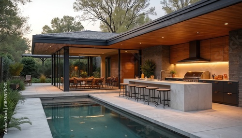 Wallpaper Mural Modern luxury home features open plan living with indoor dining flowing to outdoor kitchen and pool. Sleek design, premium appliances, and entertainment space. Torontodigital.ca