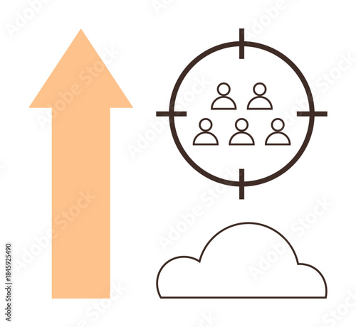 Orange upward arrow, target with user group, and cloud as visual elements. Ideal for marketing, strategy, analytics, goal setting, cloud technology audience focus growth mindset. Simple flat