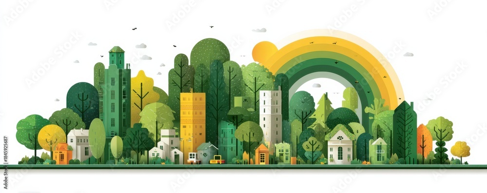 Fototapeta premium Eco city landscape with green buildings, trees, and a large rainbow arc