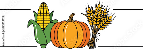 Illustration of corn pumpkin and wheat harvest produce.
