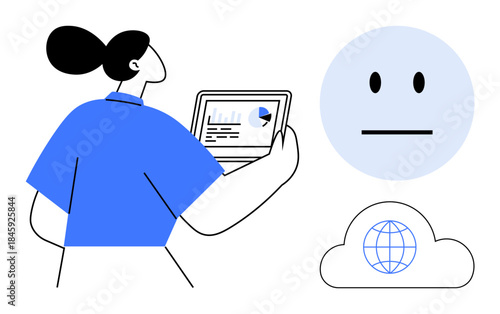 Data analysis, global communication, networking, digital transformation, AI concepts, technology tools. Woman reviewing analytics on a tablet. Data analysis and global communication concept