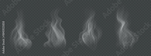 Steam and smoke from hot food, tea, coffee. Set of wavy, smooth vapor isolated on transparent background