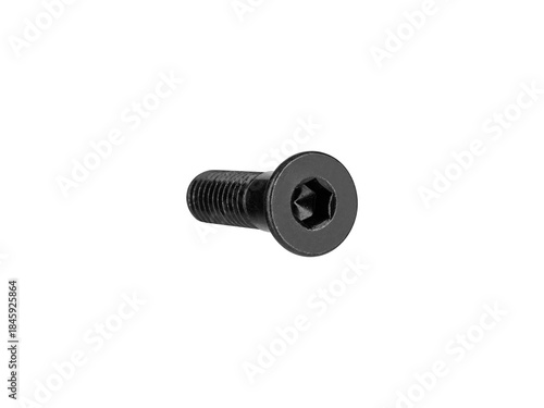 Black metal countersunk hex screw isolated on white. Suitable for mechanical repair, industrial design, construction tools, parts catalogs and engineering resources.