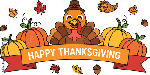 Smiling cartoon turkey with Thanksgiving banner.