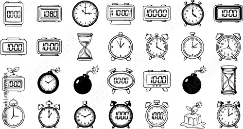 Black and White Line Art Collection of Various Clocks, Alarm Clocks, Digital Clocks, and Hourglasses