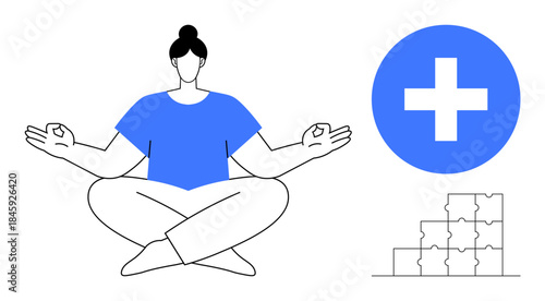 Meditation and health concept. Meditation promotes well-being, mental clarity, and mindfulness. Health benefits include balance, stress relief, and positive habits. For wellness, healthcare