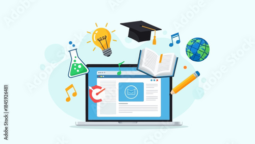Concept of online education and elearning with laptop, graduation cap, lightbulb, chemistry flask, book, globe, and music notes
