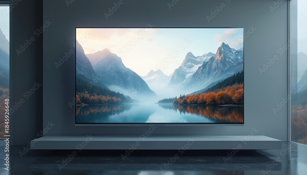 Fototapeta premium Ultra thin LED TV mounted on wall displays mountain lake scene. Minimalist interior design with modern flat screen electronics and scenic landscape view.