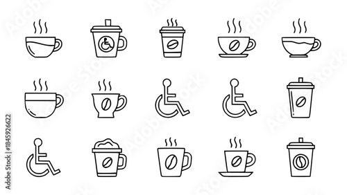Coffee and disability icons depicting various cups and wheelchair symbols forming a collection on a clean backdrop showing accessibility and beverages