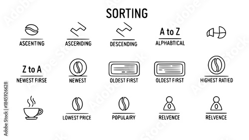 Coffee beans icons display sorting options illustrating various arrangements on white background showcasing filter preferences and order details