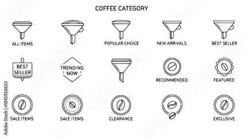 Coffee category icons showcase promotions in clean minimal style