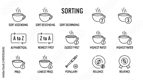 Coffee cup icons illustrate sorting operations in a clean simple style showing organization concepts and search feature details