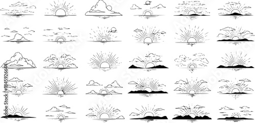Black and White Line Art Sunburst Sunsets and Sunrises Over Mountains and Clouds Vector Illustrations Set