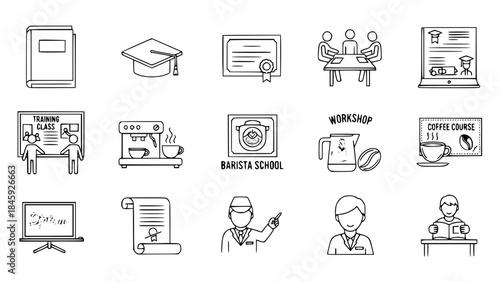 Coffee education vector outlines showcase professional barista training in minimalist learning scenes displaying classes tools and activities