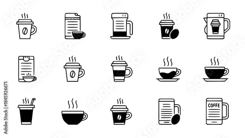 Coffee icon set displays steaming beverages in various mugs on a clean background for representing drinks and refreshments.