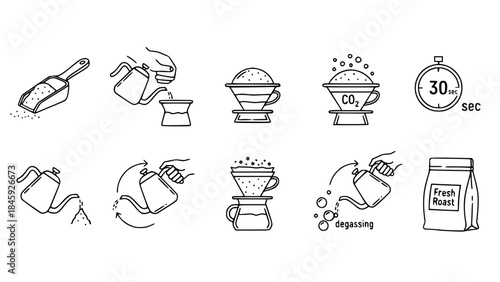 Coffee grounds scoop disperses coffee hand pours water into cone filter coffee degasses in brewing process on white background
