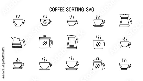 Coffee icons present steaming beverages in minimalist outline style showcasing various containers on a clean white background.