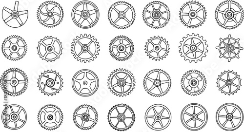 Outline Gears and Cogs Collection: Detailed vector illustrations of various mechanical components, perfect for engineering, industrial, and steampunk designs.