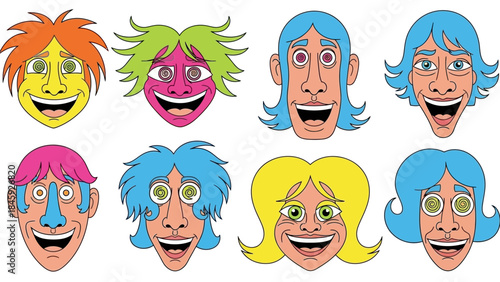 Eight colorful cartoon faces with exaggerated features and open mouths, depicting various expressions of joy or madness in a psychedelic style.